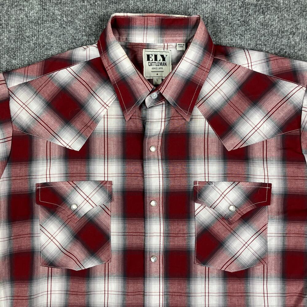 Ely Cattleman Shirt Mens Size L Red Plaid Western Pearl Snap Short Sleeve